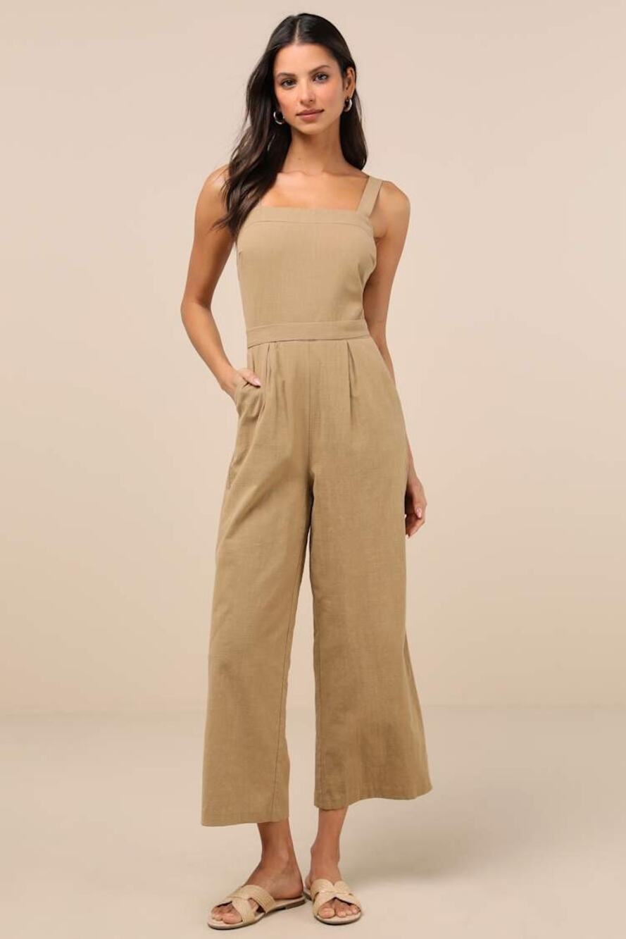 NWT Lulus Lucky For Me Beige Cotton Sleeveless Cropped Jumpsuit Party Size S